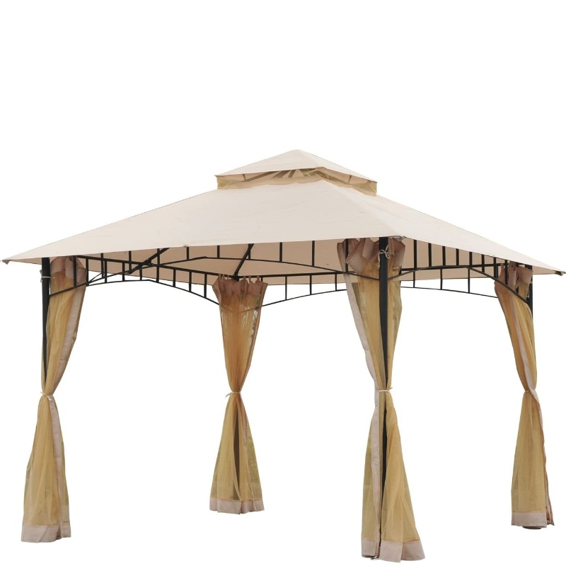 10’x10’ Steel Outdoor Gazebo Canopy with Mesh Protective Netting, Smart Double-Tier Roof Build, Modern Style