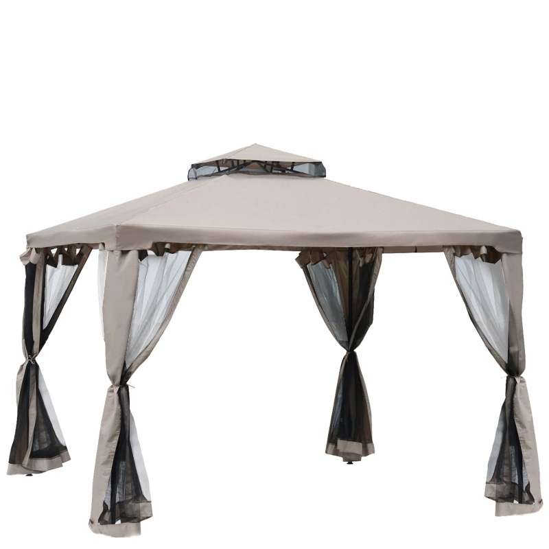 10’ x 10’ Patio Gazebo Pavilion Canopy Tent, 2-Tier Soft Top with Netting Mesh Sidewalls, Taupe