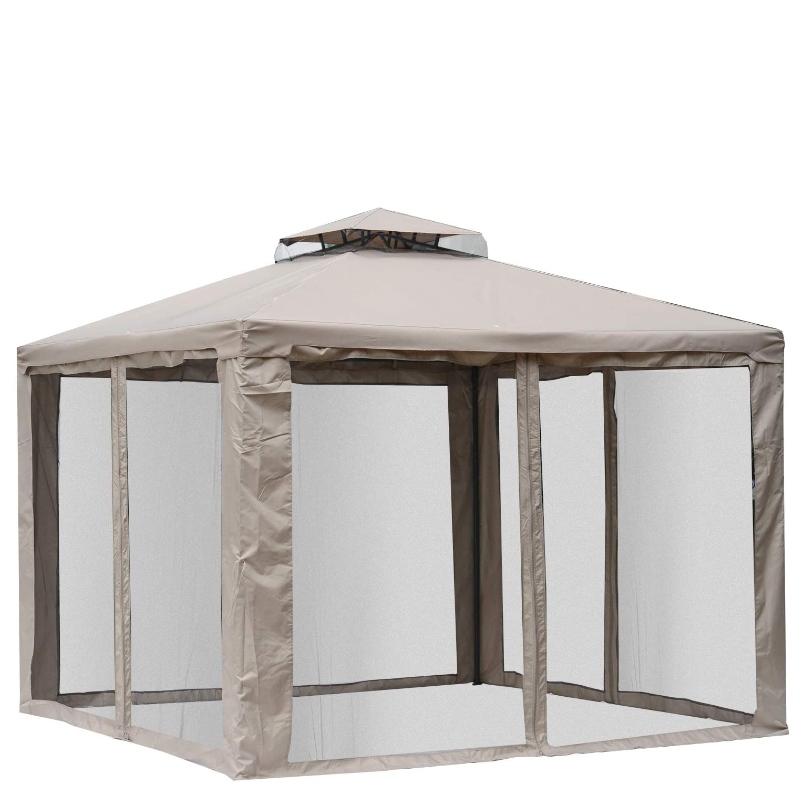 10’ x 10’ Patio Gazebo Pavilion Canopy Tent, 2-Tier Soft Top with Netting Mesh Sidewalls, Taupe