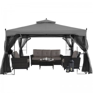 10' x 10' Steel Outdoor Patio Gazebo Garden Canopy with Removable Mesh Curtains Beige Top Cloth